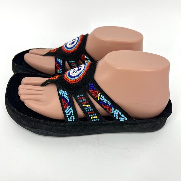 Earth Sandals Beaded Black Leather Bio Foam Soles Hippie Boho Peace Love Size 7 - Picture 1 of 12
